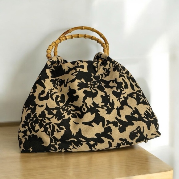 Vintage Black & Tan Tropical Print Purse with Bamboo Handles Hand Bag - Picture 3 of 9